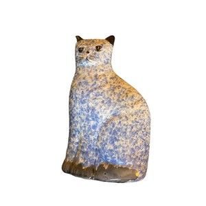 Vintage Ceramic Blue Spongeware Kitty Cat Bank - Has Plug - Made in Taiwan